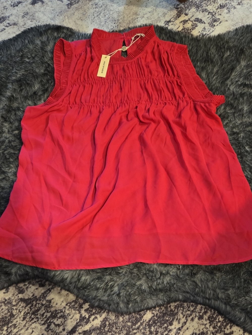 Max Studio Sleeveless Smocked Yoke Tank in Bright Coral
